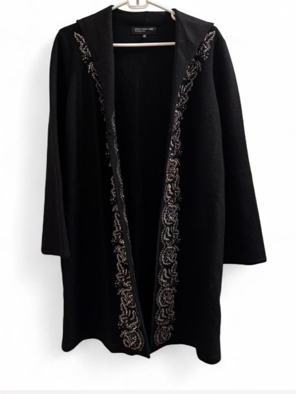 Beautiful Jones New York Collection long black open-front cardigan Merino - Picture 3 of 8